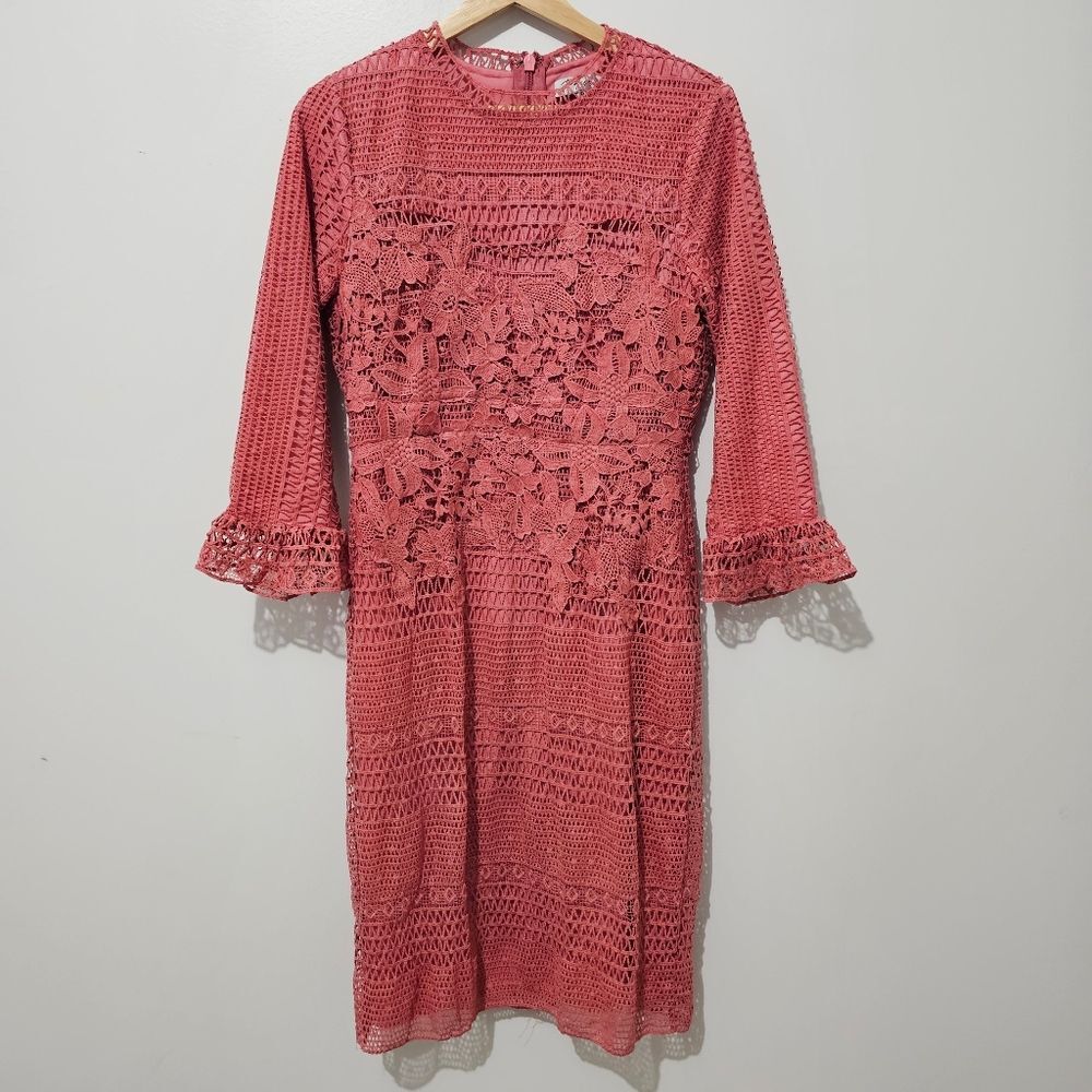 Polagram - Dress Lace Long Sleeve Knee Length Midi Flare - Size M - Blush Pink - Picture 2 of 9